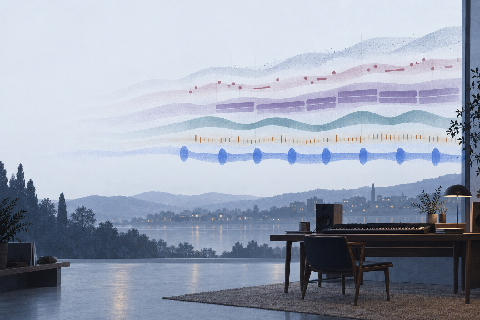 A quiet music studio overlooking water at blue hour, with musical layers drifting across the sky.